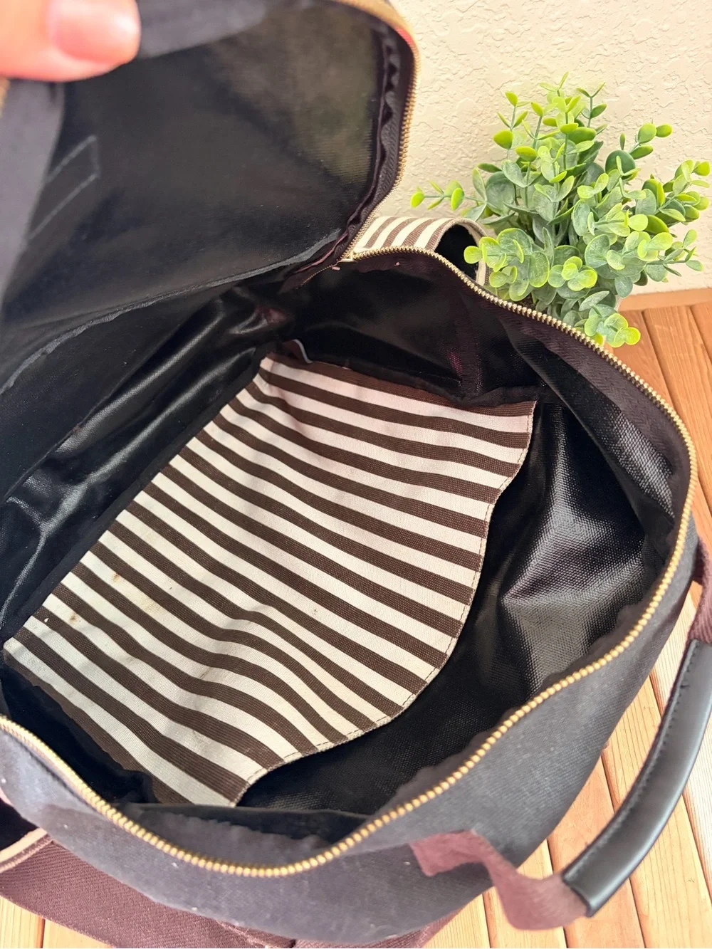 Henri Bendel Brown Stripe Backpack, Travel Backpack, Structurally Excellent
